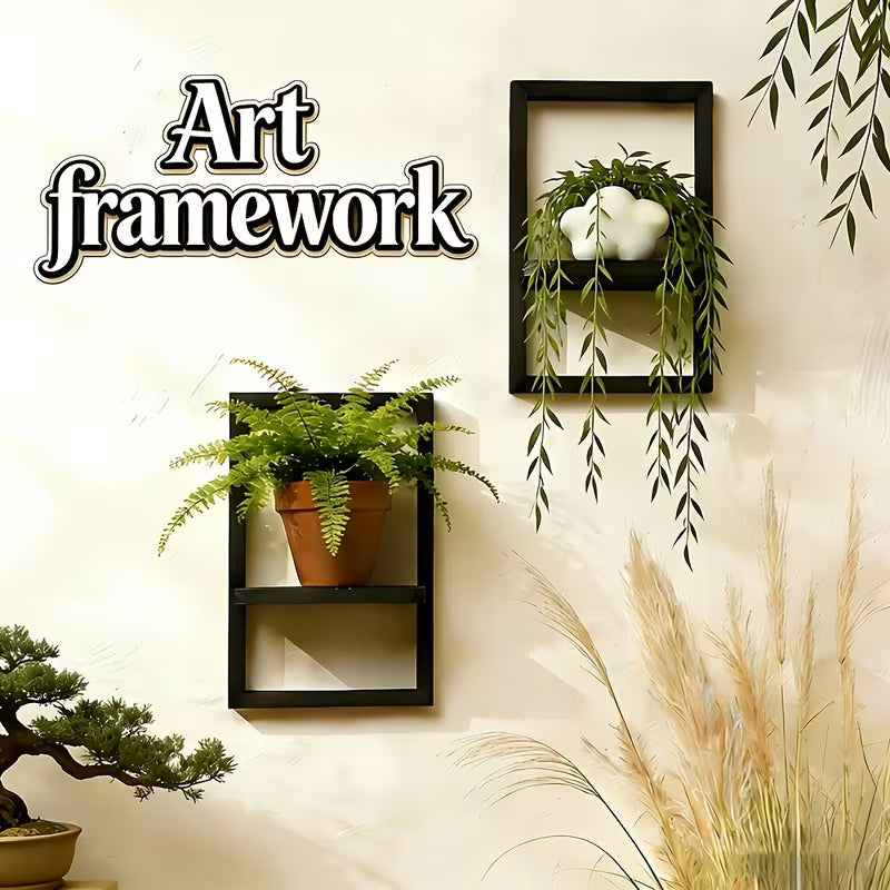 Set of 2 Black Floating Wall Shelves - Rustic Wood Display Shelves