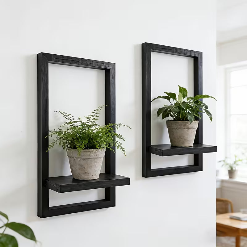 Set of 2 Black Floating Wall Shelves - Rustic Wood Display Shelves