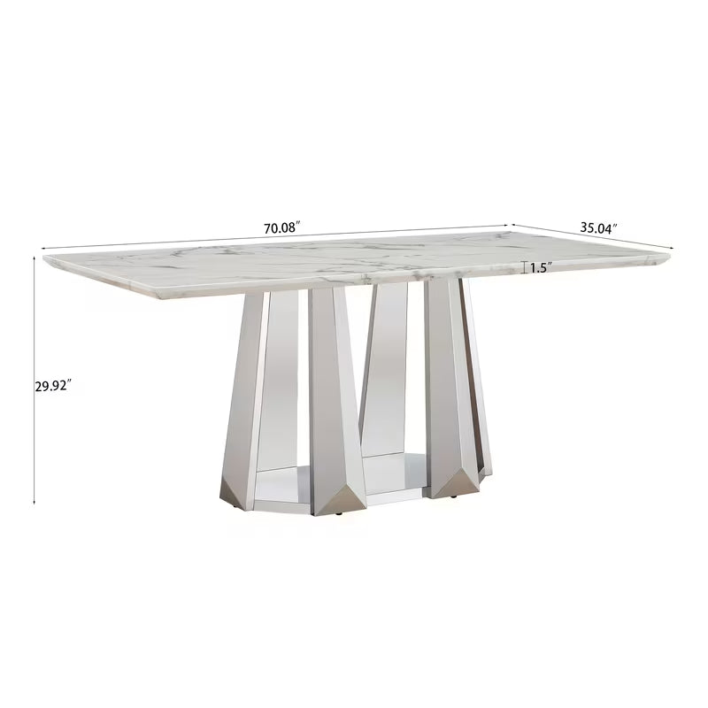 Modern White Faux Marble Dining Table with Silver Mirrored Stainless Steel Base - 70"