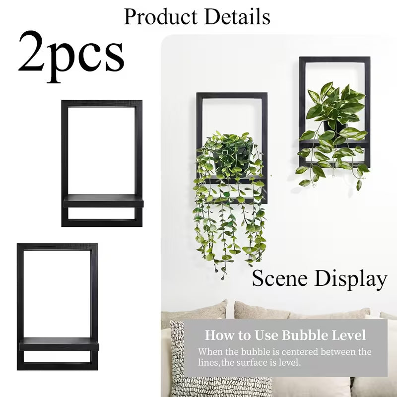 Set of 2 Black Floating Wall Shelves - Rustic Wood Display Shelves