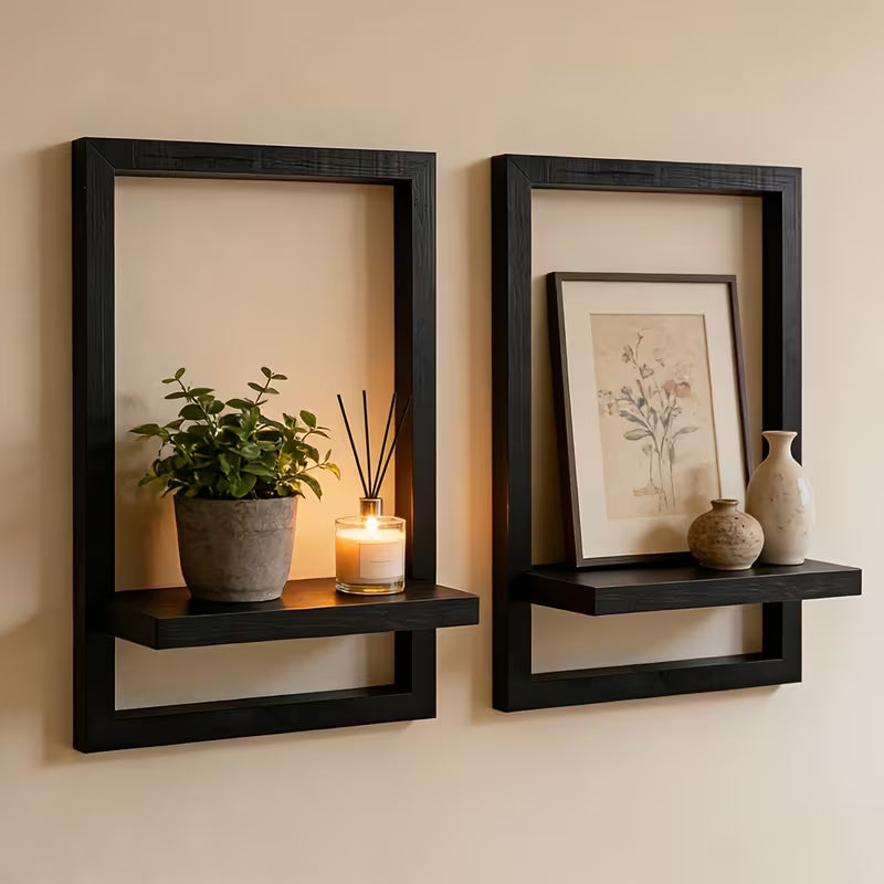 Set of 2 Black Floating Wall Shelves - Rustic Wood Display Shelves