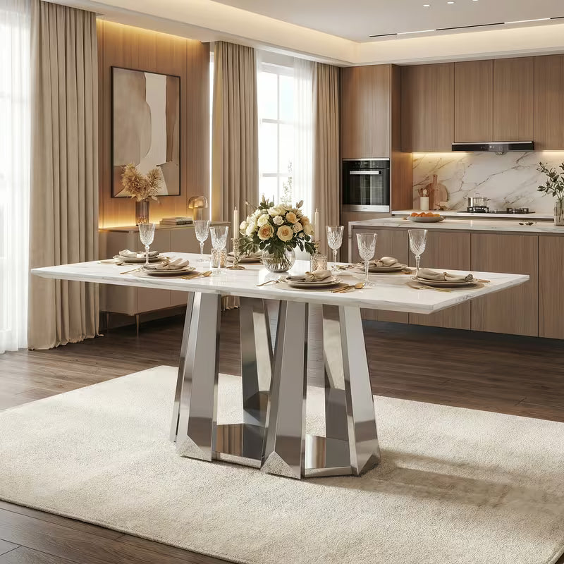 Modern White Faux Marble Dining Table with Silver Mirrored Stainless Steel Base - 70"
