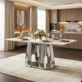 Modern White Faux Marble Dining Table with Silver Mirrored Stainless Steel Base - 70"