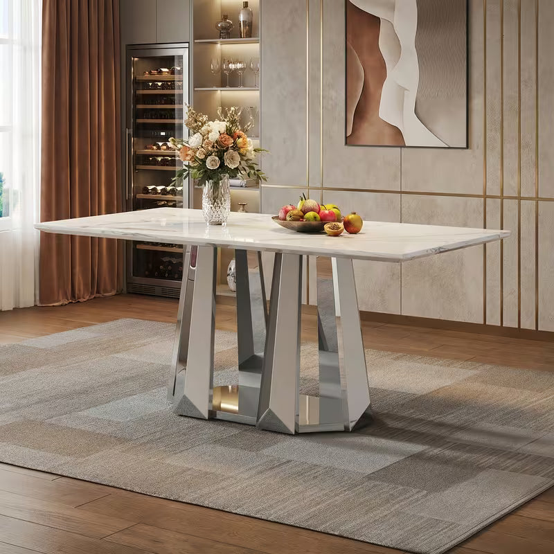 Modern White Faux Marble Dining Table with Silver Mirrored Stainless Steel Base - 70"